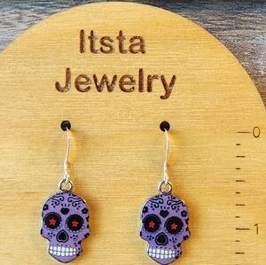 Sugar Skull Earrings on Sterling Silver French Earwires Purple E099
